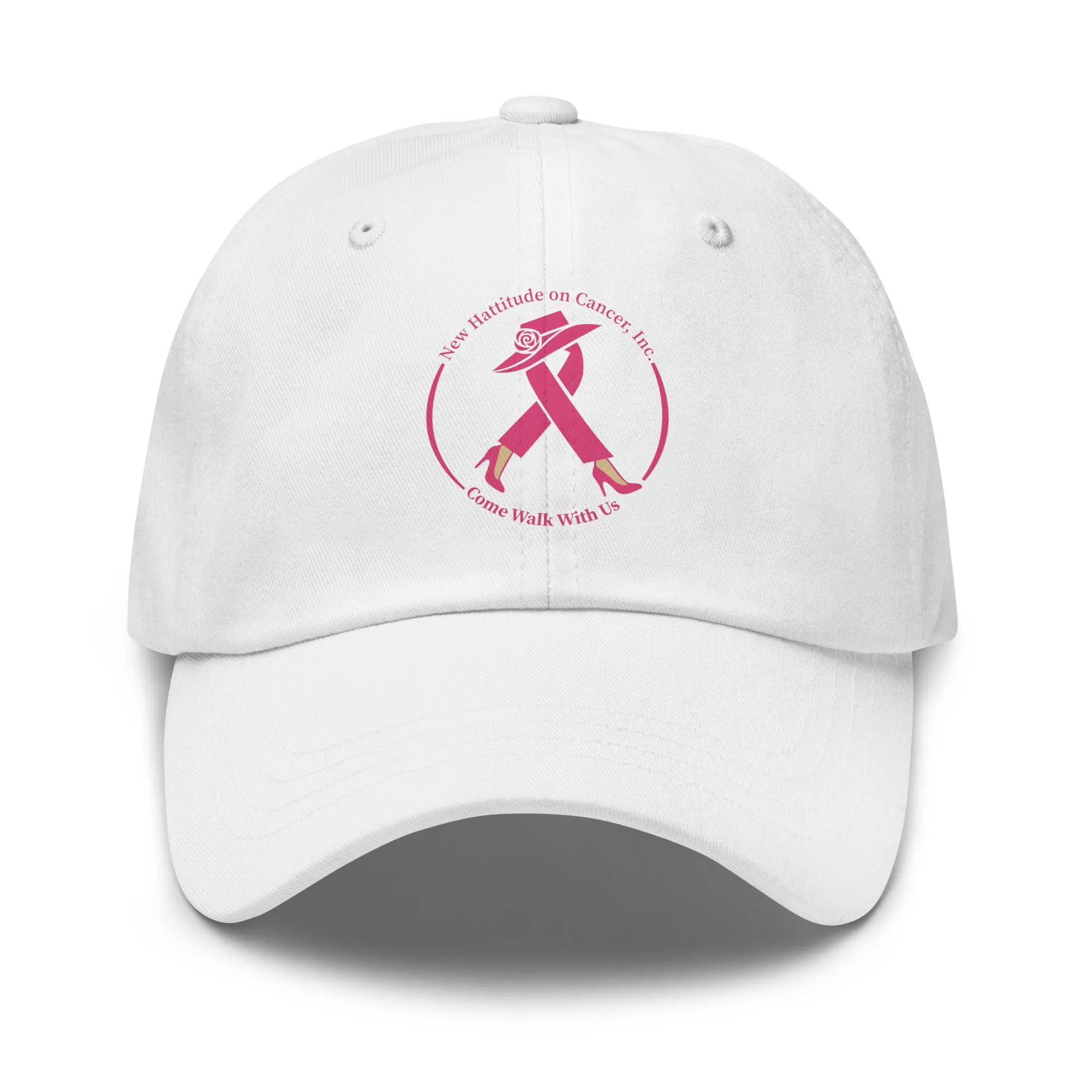 New Hattitude Cap — white dad cap with New Hattitude on Cancer Inc. logo